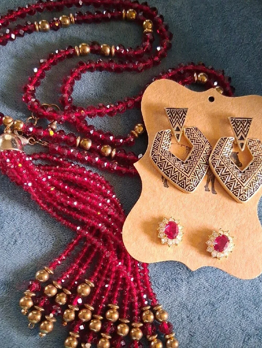 Gold & Ruby Glass Crystal Cut Beaded Tassel Necklace w Matching Earrings 32+2 In - Picture 9 of 9